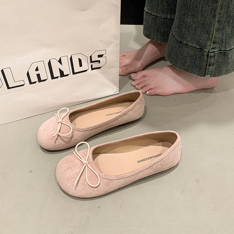 Spring and summer 2025 new bow suede shallow mouth single shoes round head comfortable soft sole not tired feet Doudou women's shoes