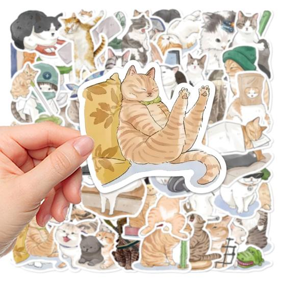 53Pcs/Set Cartoon Sticker Waterproof Heat-resistant Scratch-proof Anti-tear Re-paste Cat Hand Painted Scrapbook Sticker Suitcase Accessory
