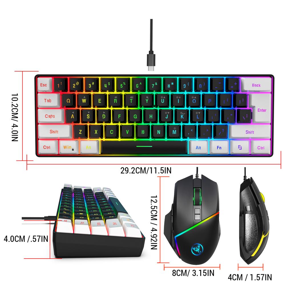 Wired Keyboard Mouse Set 61 Key Colourful Backlit Membrane Keyboard 12800 High Movement Speed