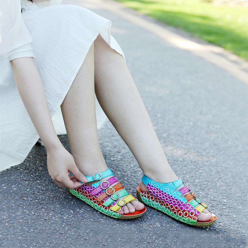 Johnature Echtes Leder Retro Damen Schuhe Sommer Farbe flache Sandalen Komfort atmungsaktive handbemalte Strandsandalen