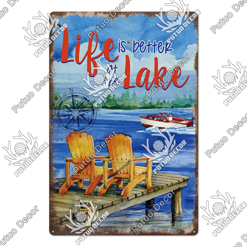Putuo Decor Lake House Vintage Tin Signs Rustic Plaque Metal Plate Wall Art Decor for Living Room Kitchen and Entryway Posters