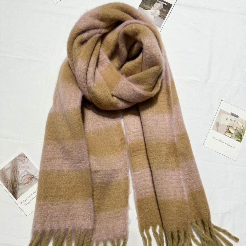 New Style Mohair Striped Colorful Scarf for Women in Winter Korean Style Thickened and Warm with Plush Scarf for Men