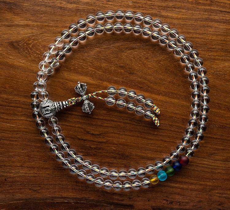 8-12mm White Crystal Buddhist Beads with Glass Rosary & Vajra Accessories.