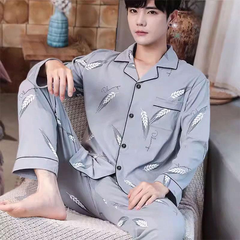 Men's Plus Size Long-Sleeve Plaid Cotton Pajamas for Spring & Autumn, Suitable for Outdoor Wear.