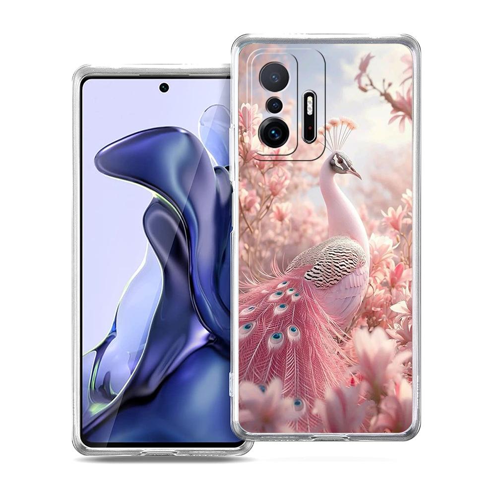Transparent Phone Case for Xiaomi Mi 14 13 12 11 Ultra 13T 12T 11T Poco X3 NFC F3 F6 Pro 5G Soft TPU Animal Cute Peacock Pattern