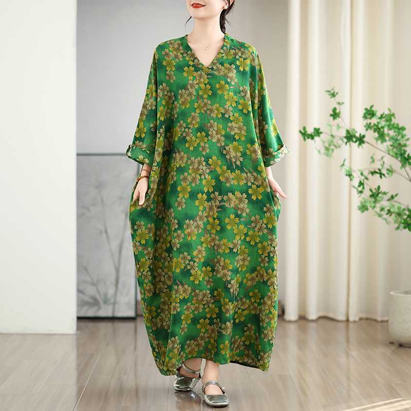 Vacation Style V-neck Retro Cotton and Linen Long Skirt