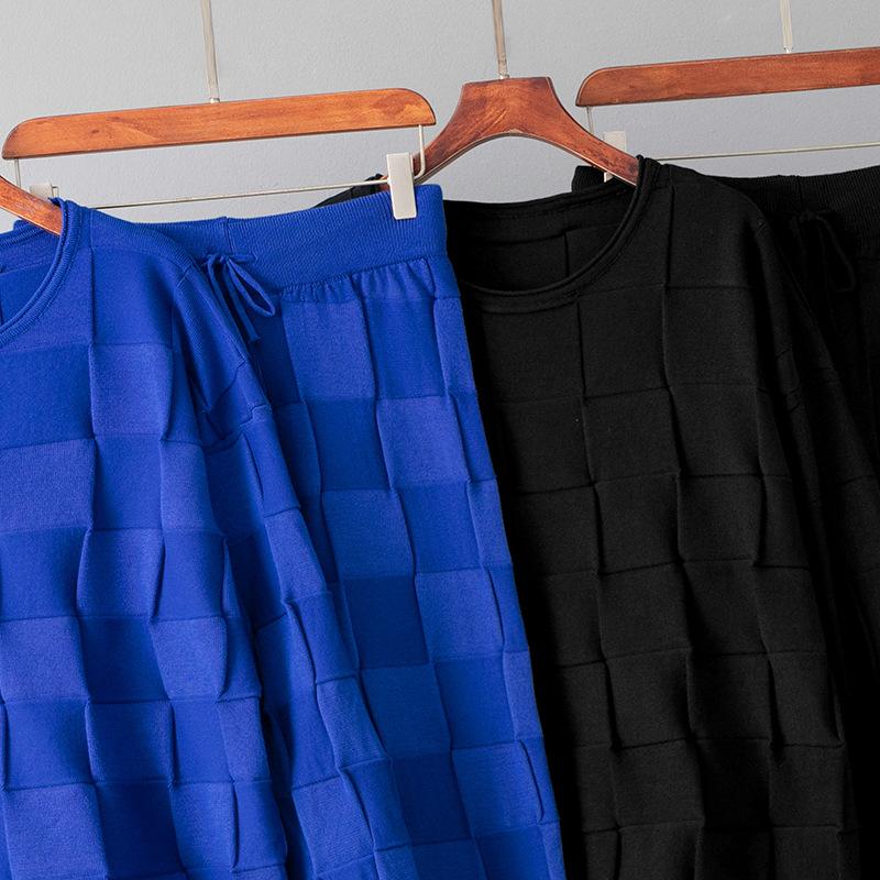 Wool Suit Autumn Checkered Crew Neck Top + Casual Sports Wide-leg Pants Two-piece Set for Women