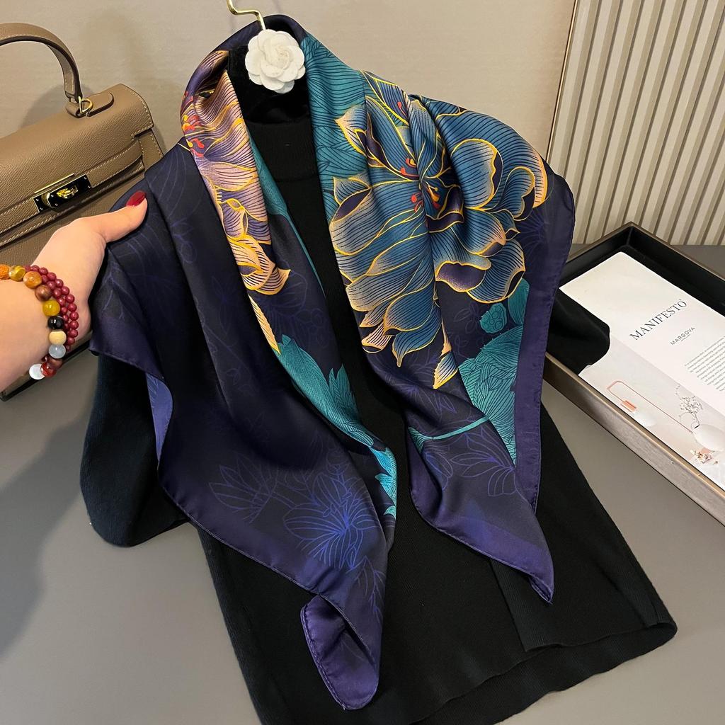 Women's Retro Fashion Mulberry Silk Feel Square Scarf - Summer Faux Satin, Sun Protection, 90cm