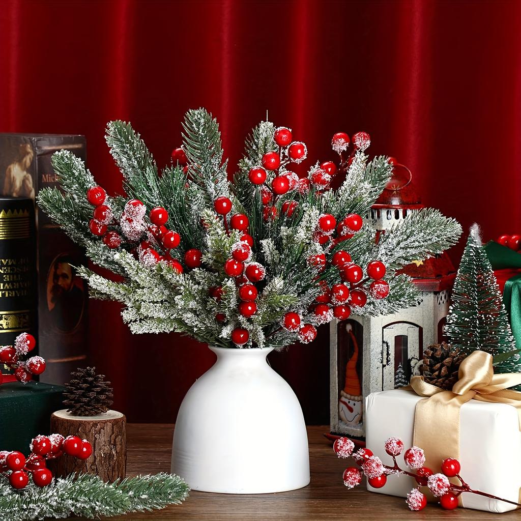 12pcs Christmas Artificial Cedar Branches And Artificial Red Plum Branches Holly Berry Set, for Holiday Wreaths, Tree Decoration