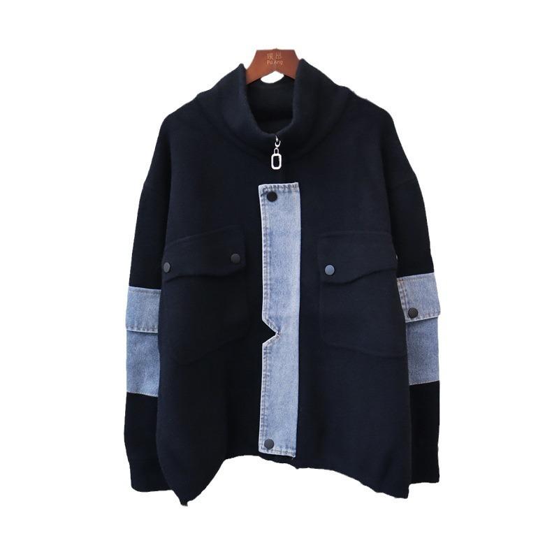 Autumn and winter new zipper denim splicing knitted double-sided woolen cardigan loose casual temperament sweater jacket women