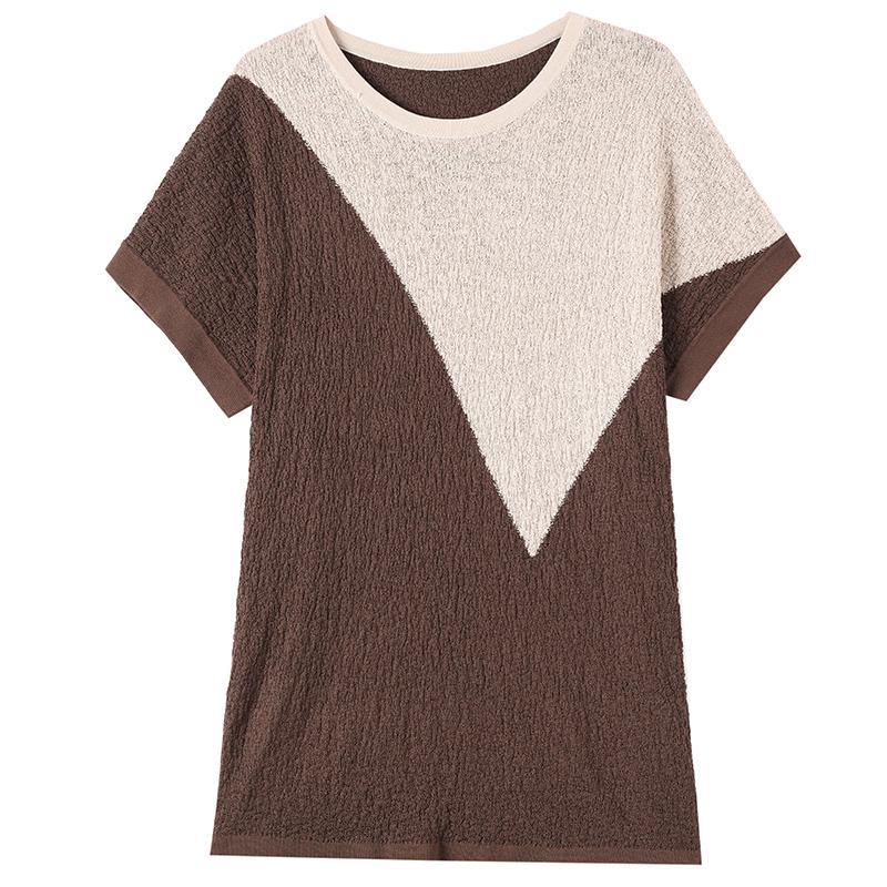 Large Size Loose Color Blocked Ice Silk Medium Long Casual Short Sleeved Knitted Top for Women