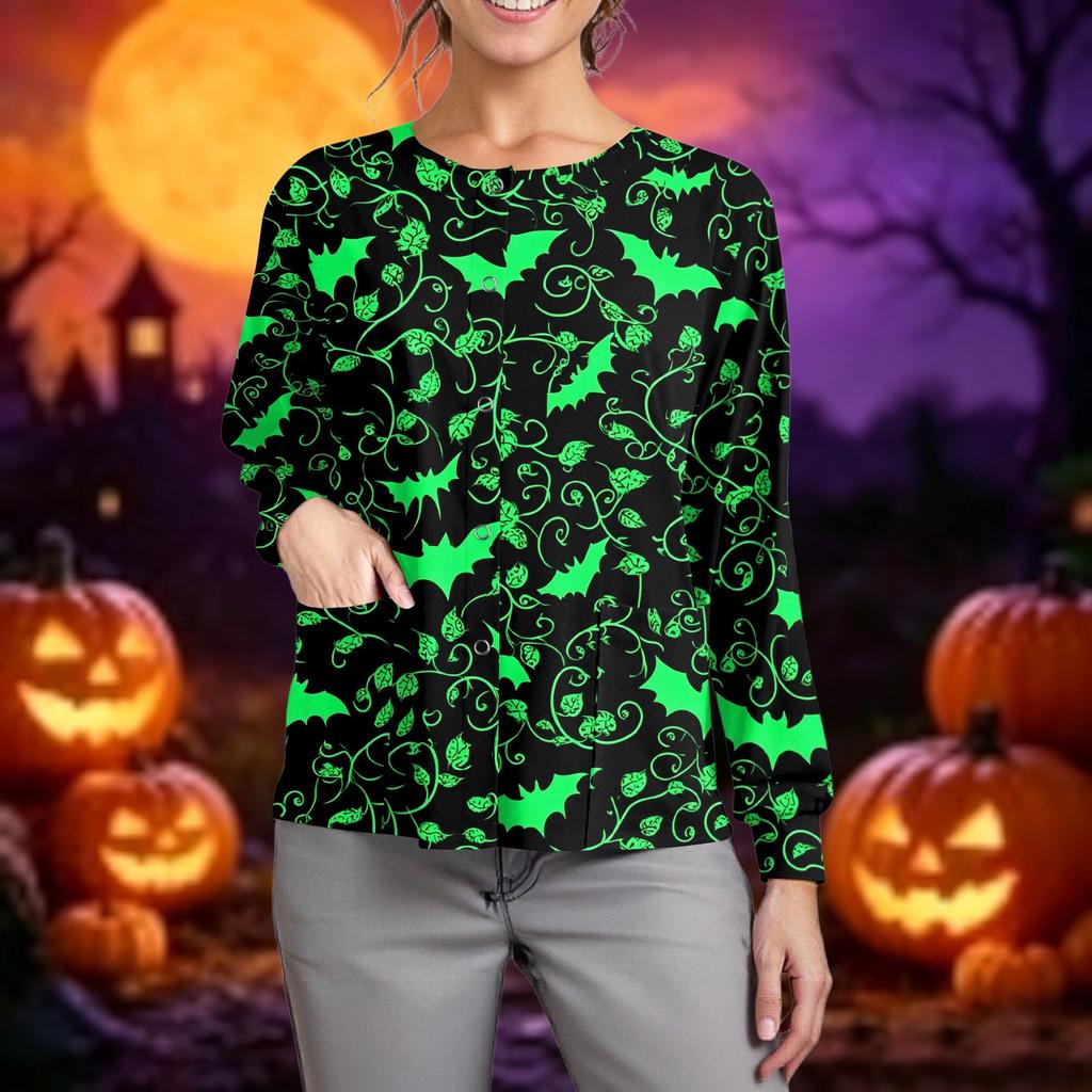 Women Long Sleeve Button Front Cardigan Halloween Print Lightweight Casual Workwear Cover Up Shirt for Caregivers and Daily Wear