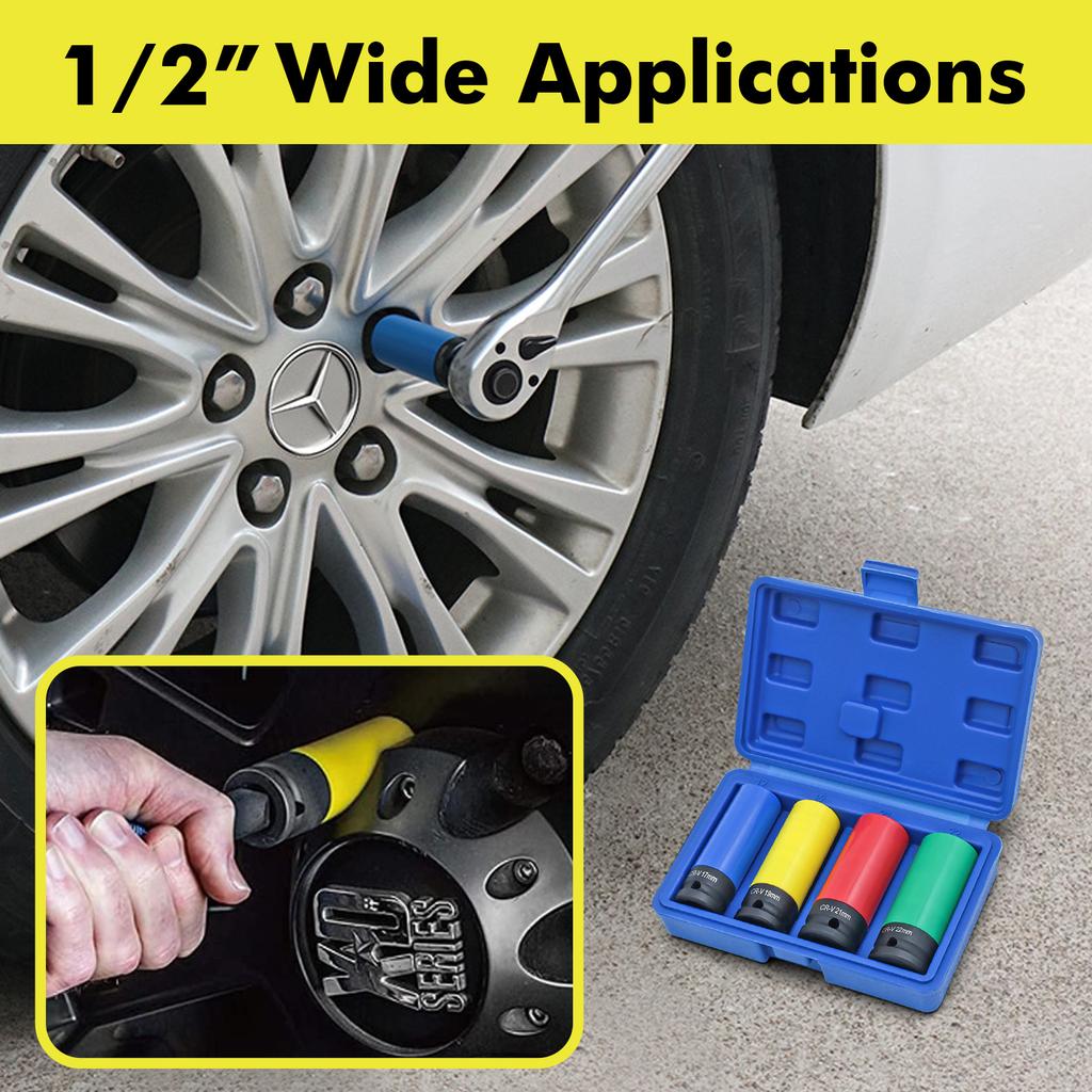 1/2" Drive Lug Nut Socket Set Drive Wheel Socket Auto Repair Protector Impact Sleeve Set 15mm, 17mm, 19mm, 21mm, and 22mm