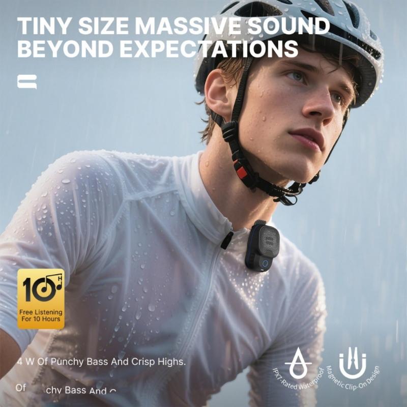 Portable Clip On Speaker with 20M IPX7 Waterproof Builts In Mics Long Playtimes for Hiking Swimming Fitness