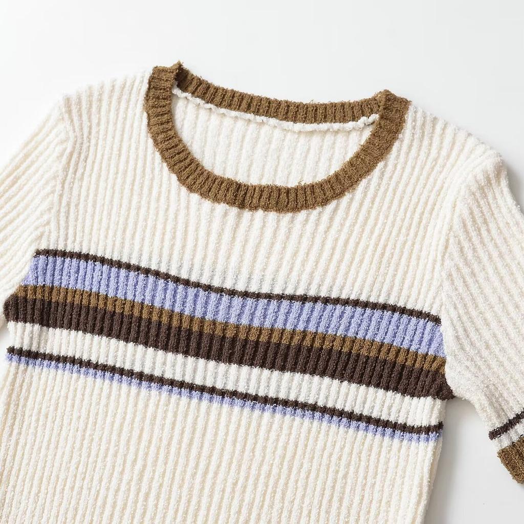 European and American Style New Women's Fashionable Round Neck Color-blocked Striped Vacation Top 8779144