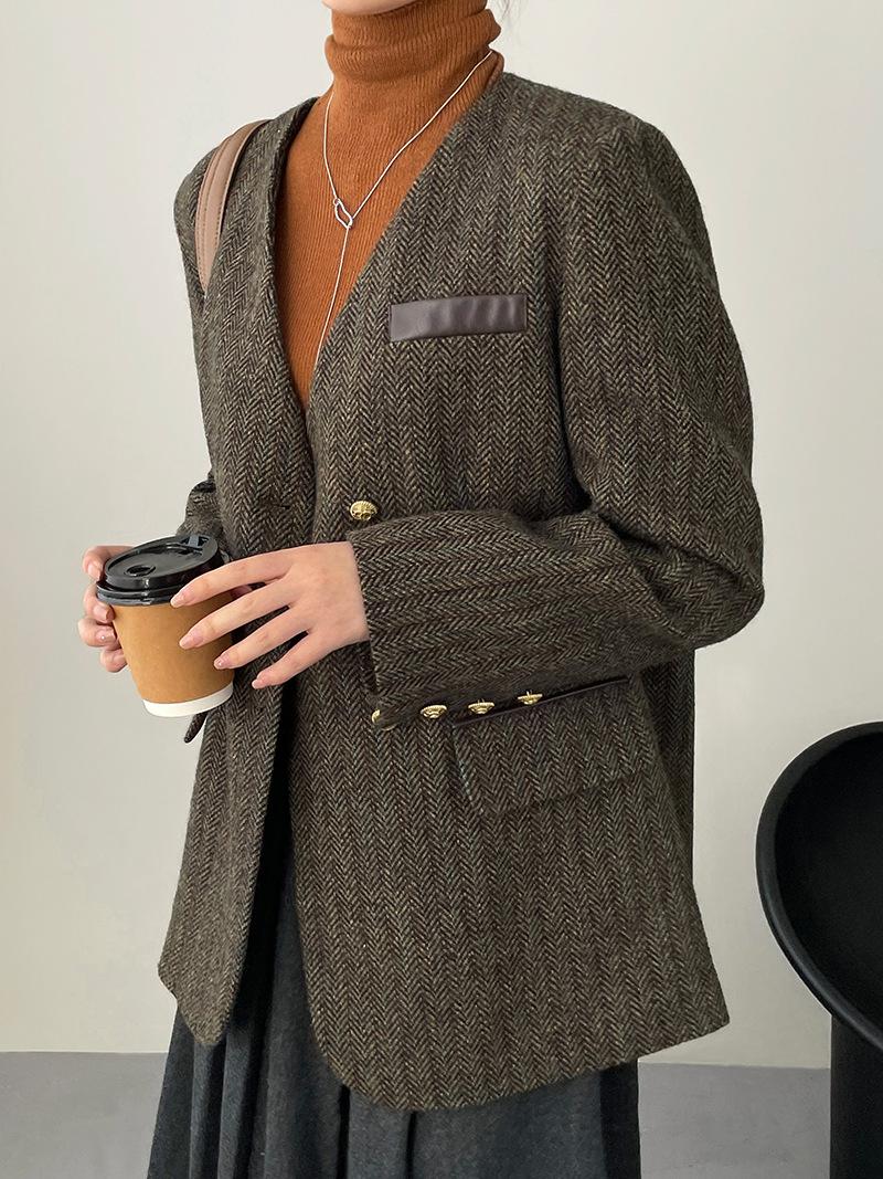 [Welfare payment, non-refundable] PU splicing blazer women s design sense V-neck herringbone pattern autumn 2303 M