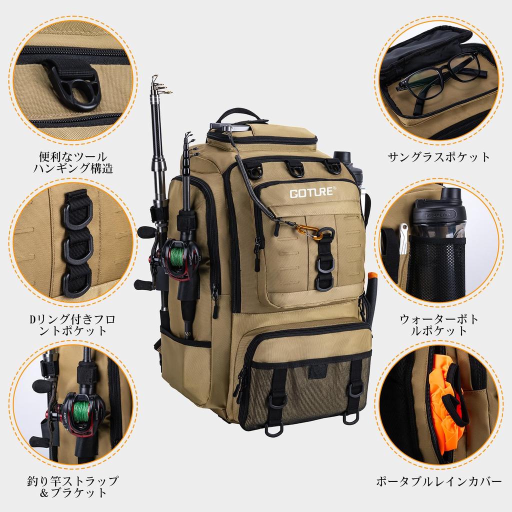 Goture Fishing Fishing Fishing Tackle Portable Fishing Tackle 40L Large 900D Oxford SBS Fishing Tackle Ideal for Stream and Outdoor Khaki Backpack,