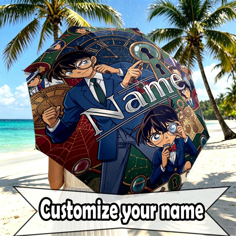 Custom Name Personalized Detective Conan Print Umbrella, Auto Open Close, 8‑Rib Sturdy Frame, Commute Camping Hiking Use, Birthday Gift