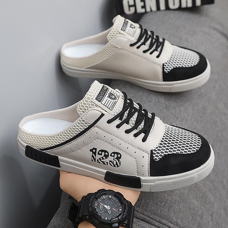 Half Slippers Men's Summer Breathable Hollow Mesh Lazy One Pedal Heelless Office Large Size Bag Head Slippers