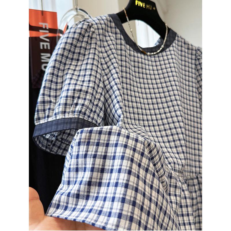 2025 Sommer Koreanisches Leichter Luxus Retro Karomuster Rundhalsausschnitt Kurzarm Locker Puppenoberteil für Damen