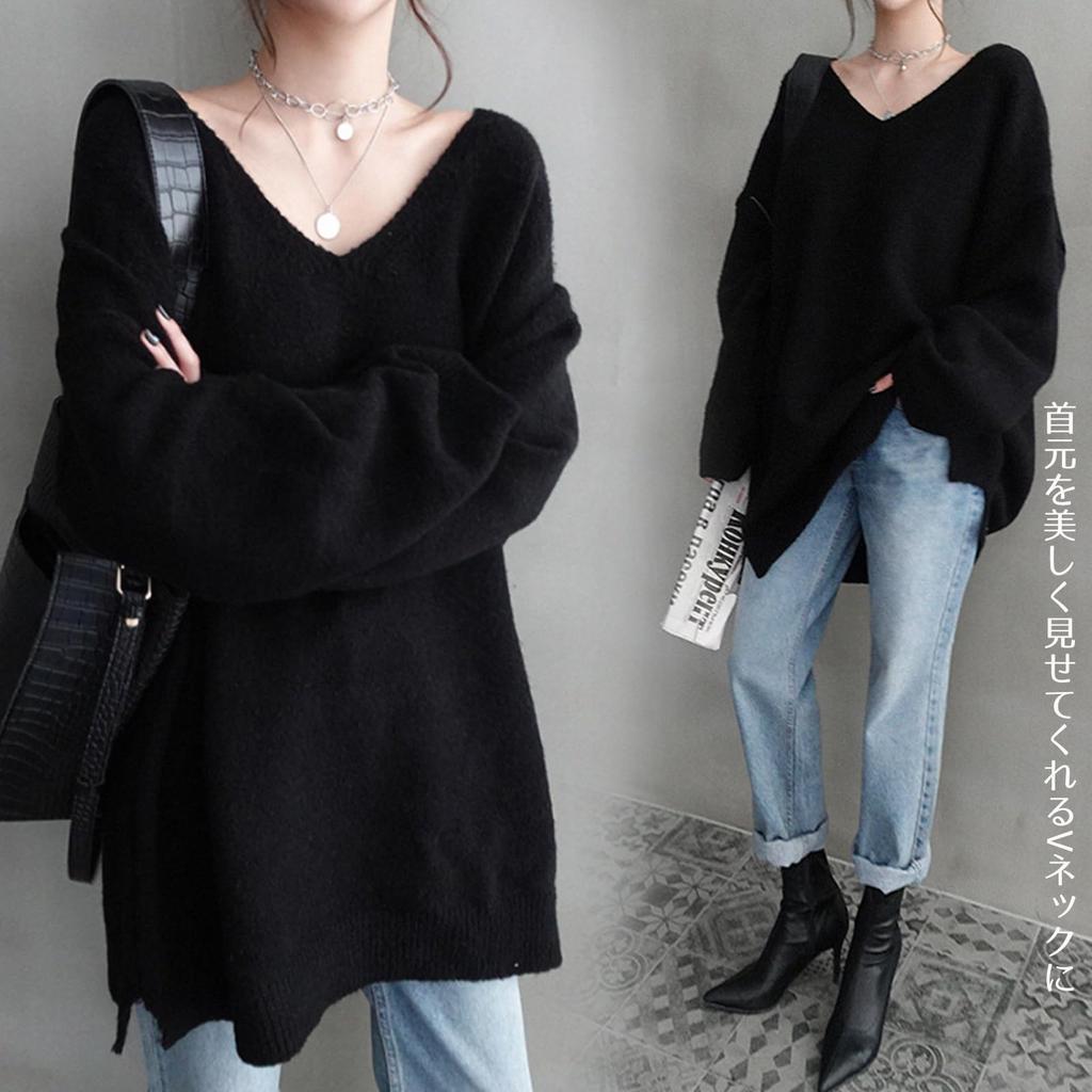 Knit Long Solid Loose [POGCZMKK] Women's Sweater, V-Neck, Sleeve, Pullover, Elegant, Thick, Warm, Color, Fit, Figure-Flattering, Cute, Commuting,