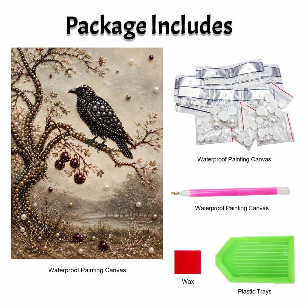 Elegant Framed Pearl Art DIY Set with Raven on Branch 5D Sparkling Bead Canvas Painting Ready to Display Romantic Home Decor Gift