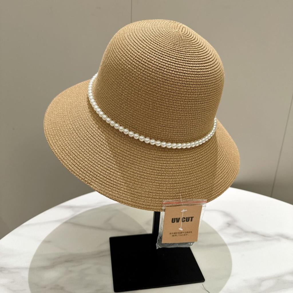 French Style Retro Pearl Chain Flat Top Elegant Straw Hat Sunshade Spring And Summer Big Eaves Hat Top Hat Women'S Beach Hat