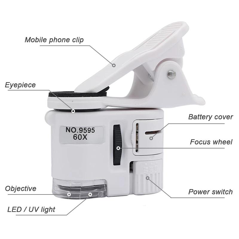 Universal Clip Microscope 60X LED Jewelry Magnifying Glass Focusing Adjusted Pocket Microscope Cell Phone Clip UV Light