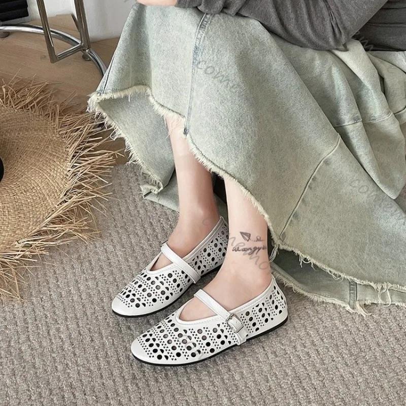 Fashion Comemore Women Flats Shoes Spring Summer New Buckle Loafers Hollow Round Toe Women Sole Single Shoes Ballet Mary Jane Flat Shoes