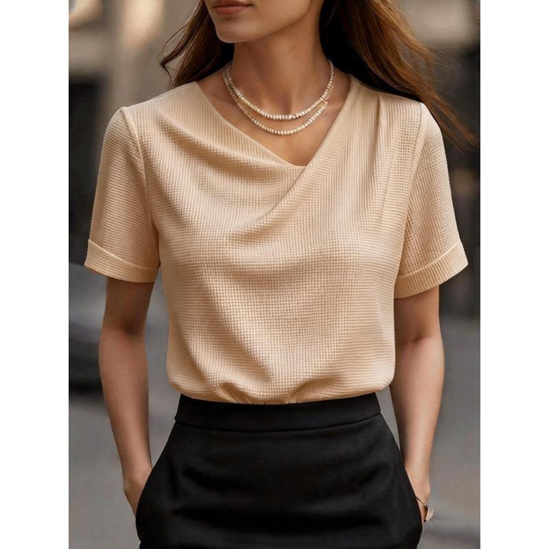 JPNTKY Women's Fashion Casual Solid Color Print Short Sleeve V Neck Blouses & Shirts
