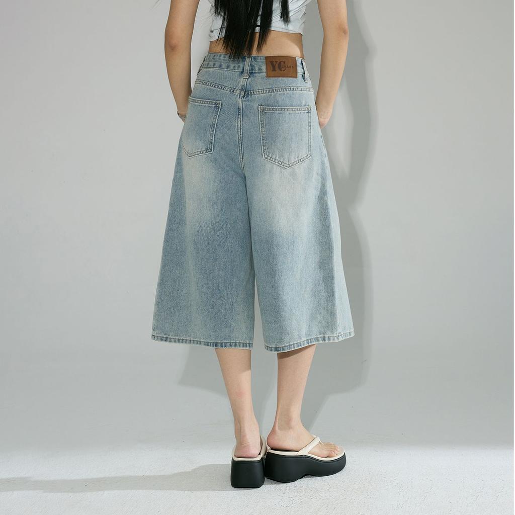 Fashion Summer Four Color Vintage High Waist Loose Wide Leg Straight Slimming Cropped Capri Denim Pants For Women Trendy Versatile AllMatch Design