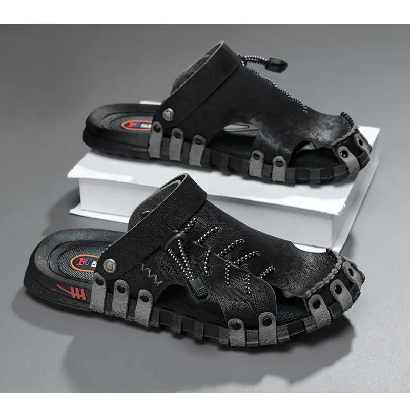 

Модные мужские сандалии для улицы, пляжного стиля, нескользящие шлепанцы с закрытым носком, летние, дышащие, мягкие, легкие, больших размеров 45 46, современная обувь 39 чёрный