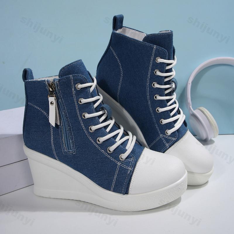Autumn Women's Color Block High Top Wedge Heel Casual Canvas Shoes Fashion Denim Versatile Comfortable Chunky Single Shoes