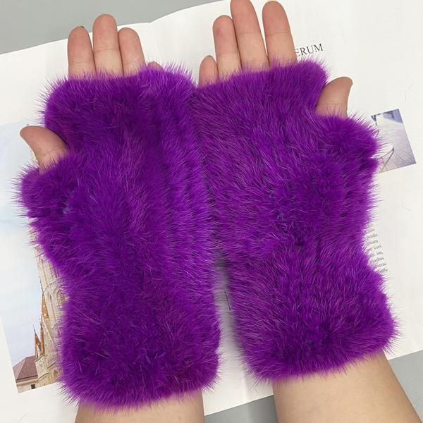 Winter Gloves for Women Natural Mink Fur Knitted Fingerless Solid Warm Elastic Gloves