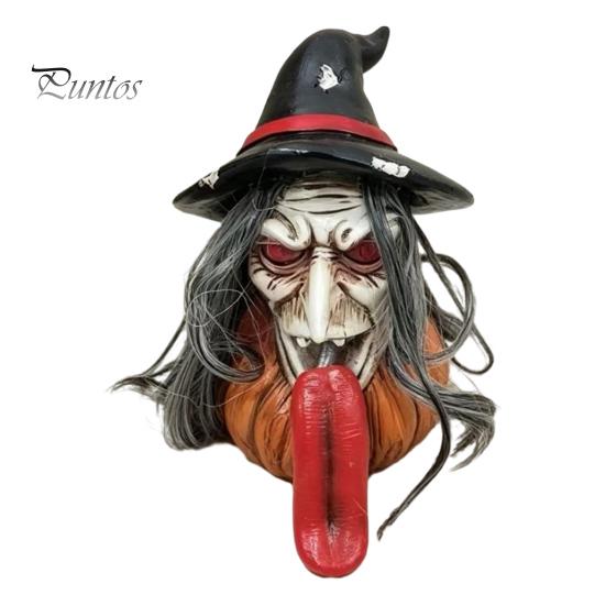 Decorative Holiday Statue Halloween Long Tongue Witch Pumpkin Ornament, Spooky Gothic Desktop Resin Farmhouse Decor Figurine, Collectible Tabletop