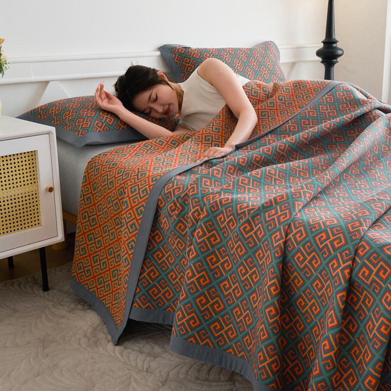 Class A Cotton Towel Blanket: 3-Layer Gauze, Yarn-Dyed Jacquard, 4-Seasons Bedspread, Air Conditioning Quilt, 3-Piece Set
