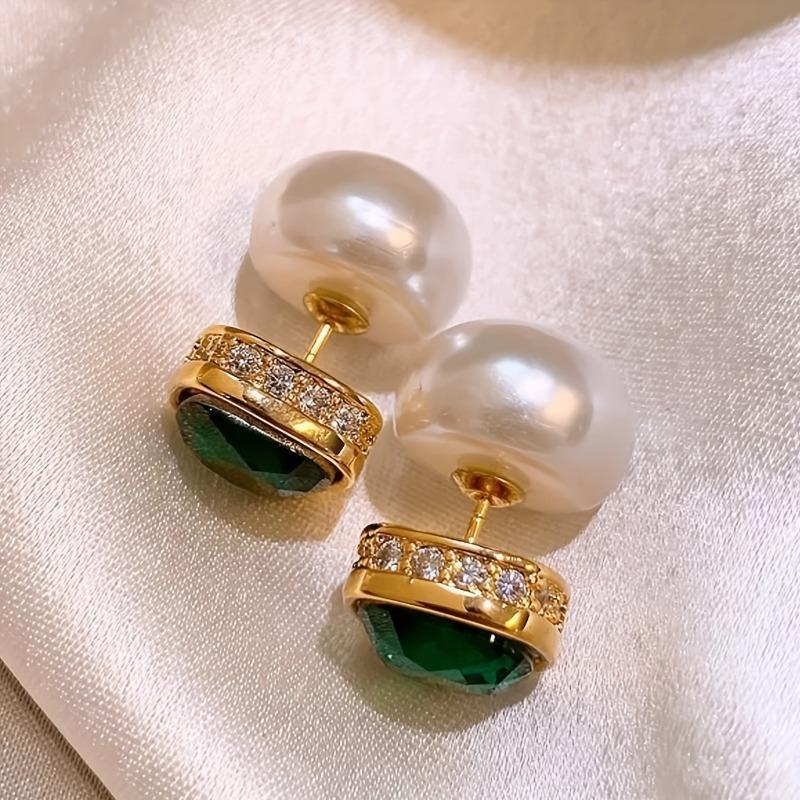 Retro Elegant Geometric Square Design Earrings with Inlaid Green Zirconia Ear Studs for Women's Daily and Party Occasions