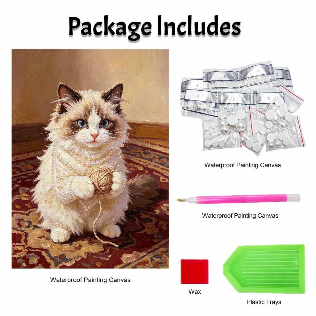 Stretched Frame Pearl Art Kit Adorable Cat With Yarn Pattern DIY Sparkling Bead Canvas Relaxing Hobby Gift for Handcraft Enthusiasts Collection