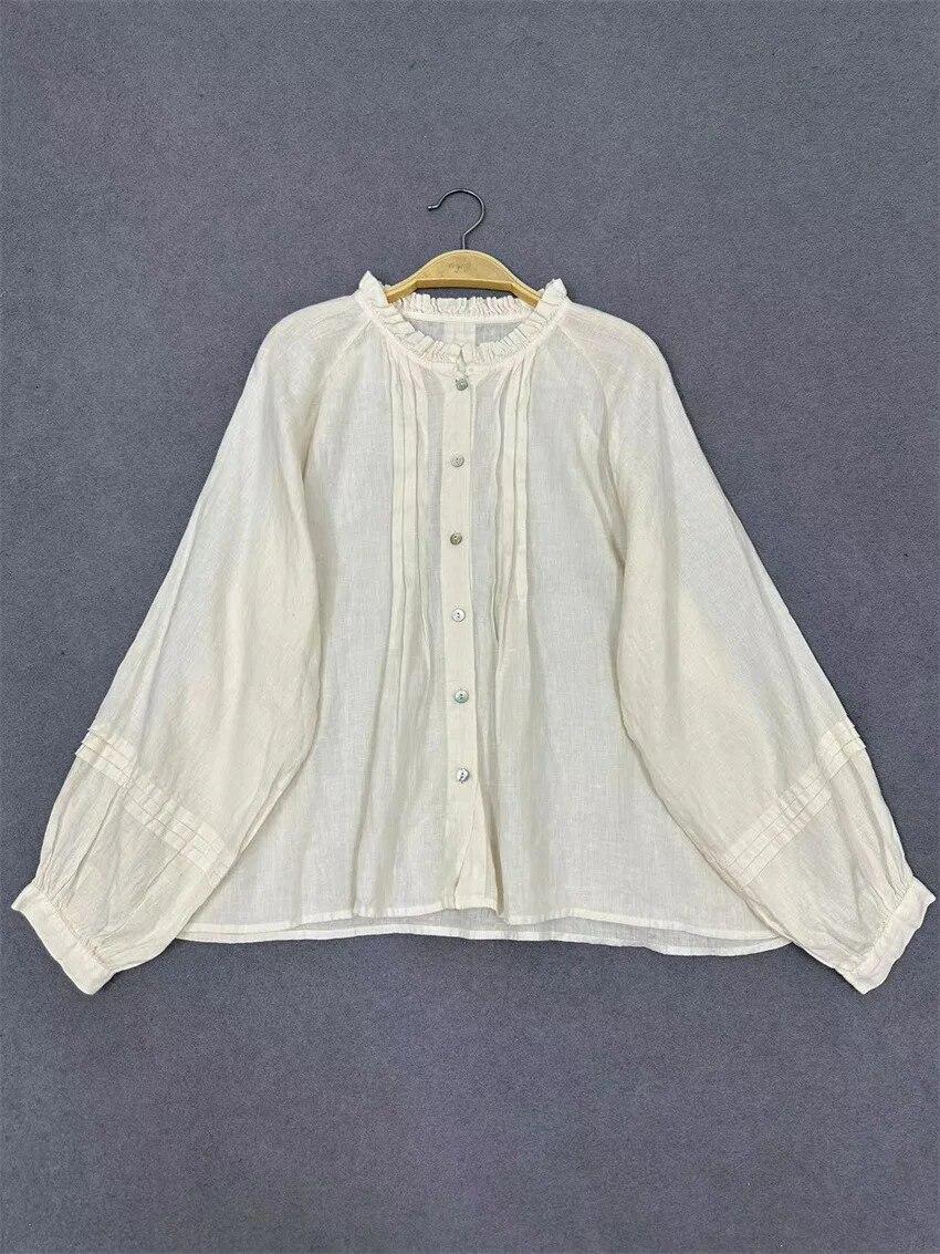 

Женские винтажные рубашки Johnature, весенне-летние однотонные свободные плиссированные повседневные блузки с воротником с оборками One Size бежевый