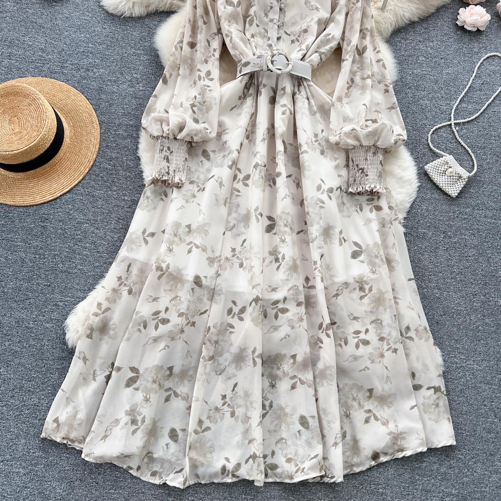 Autumn Elegant Dresses for Women Long Puff Sleeve Stand Collar Lapel Single Chiffon Floral Print Vestidos Skinny Dress Dropship