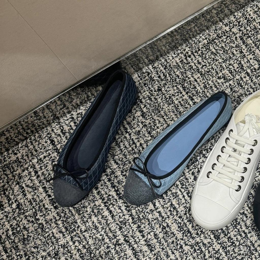 Sheepskin version~ beautiful leather denim ballet shoes women's bow soft sole Mary Jane single shoes flat shoes ladyshoes