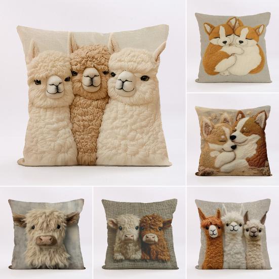 2D Animal Cushion Cover Imitation Embroidery Alpaca Pattern Pillow Case Dog Highland Cow Throw