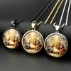 Nativity Holy Family Virgin Mary Saint Joseph Jesus Glass Round Medal Pendant Necklace Stainless Steel Christian Chain Jewelry
