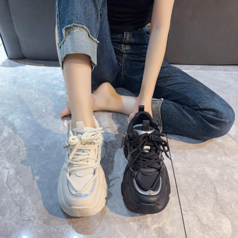 2025 Women's Casual Shoes Round Toe Platform Sole Increase Height Lace-up Chunk Sneakers Fashion All-match Autum Sports Shoes