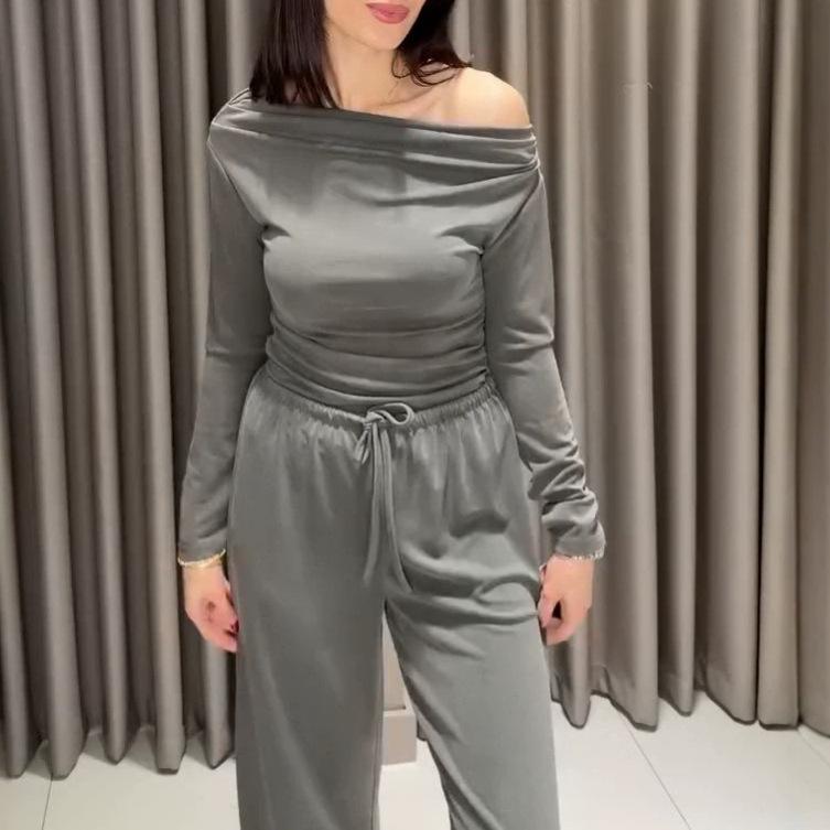 European and American women's clothing new casual and comfortable pleated diagonal collar slim top high waist wide leg pants set