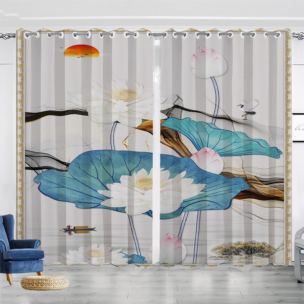 

Lotus Pond Китайский Стиль Гостиная Тень Шторы Спальня Домашнее Украшение Чернила Lotus Цифровая Печать Тонкие Шторы 100W130H(CM)40x51in&Grommet Top