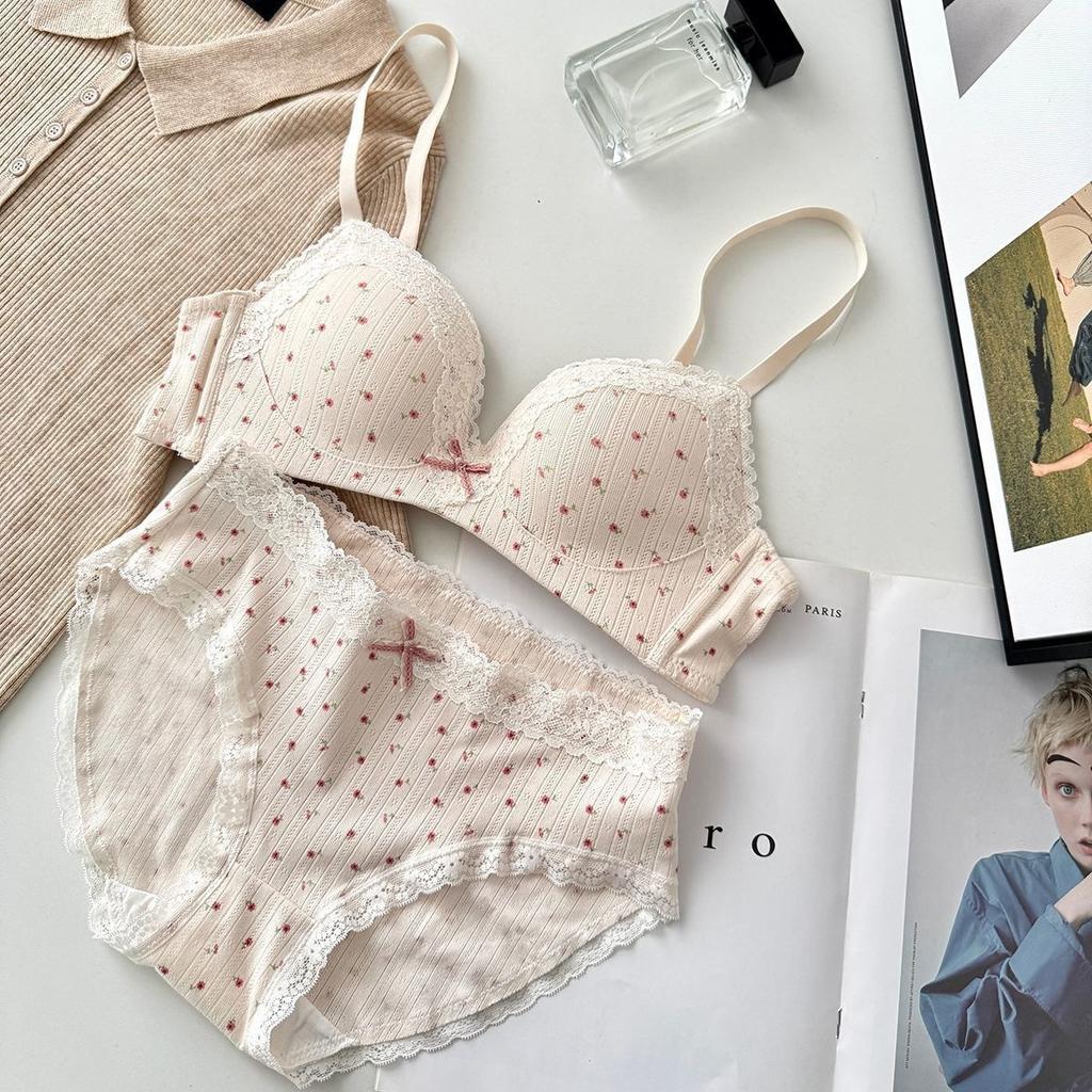 Sweet Girl Lace Edge Sexy Underwear Women's Small Breasts Gather and Show Big Anti-sagging Bra Women's Cotton Chest Without Steel Ring