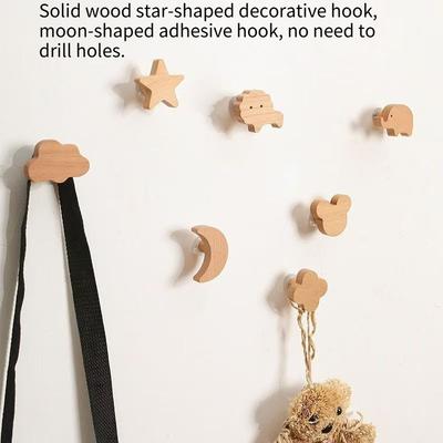 1 Stück Massivholz Stern dekorativer Haken Mond Klebehaken Ohne Bohren Einfacher Holz Wand Garderobenhaken Blume Wolke Innen