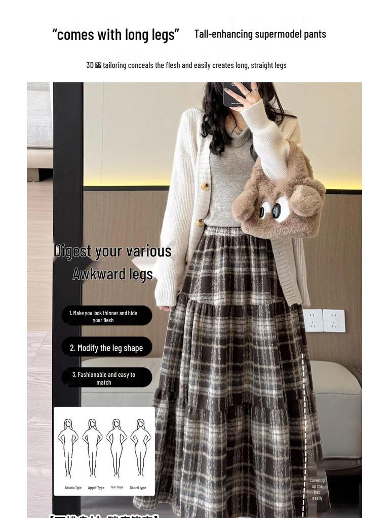 Vintage Plaid Wool A-line Skirt for Women - High Waist, Mid-Length, Autumn/Winter 2025 Collection