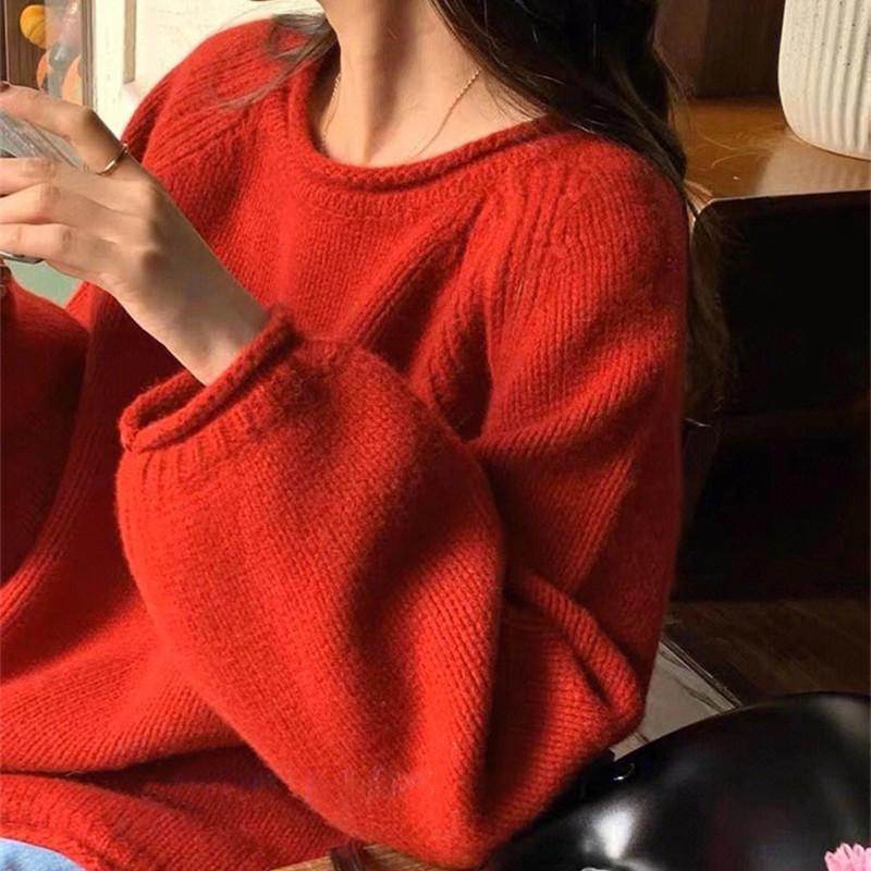

Новый женский осенне-зимний модный желтый вязаный свитер пуловер свободного ленивого стиля топ One size красный